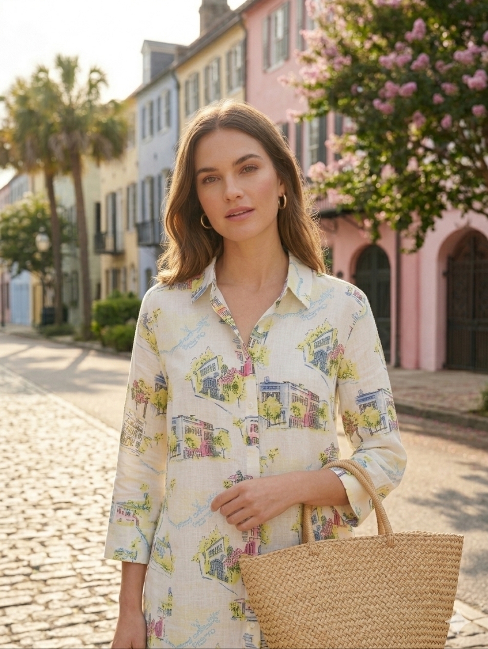 💕CHICO'S💕 No-Iron Linen Southern Charm Print Tunic Blouse Size 1 = 8/10 US